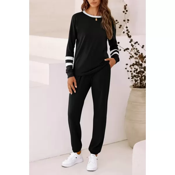 imagePRETTYGARDEN Womens Fall 2 Piece Lounge Outfit Long Sleeve Crewneck Pullover Tops High Waisted Pants Set TracksuitStriped Black