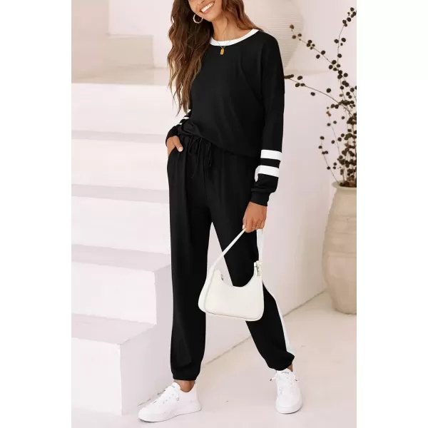 imagePRETTYGARDEN Womens Fall 2 Piece Lounge Outfit Long Sleeve Crewneck Pullover Tops High Waisted Pants Set TracksuitStriped Black