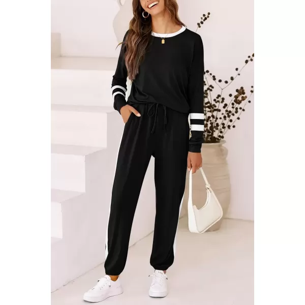 imagePRETTYGARDEN Womens Fall 2 Piece Lounge Outfit Long Sleeve Crewneck Pullover Tops High Waisted Pants Set TracksuitStriped Black