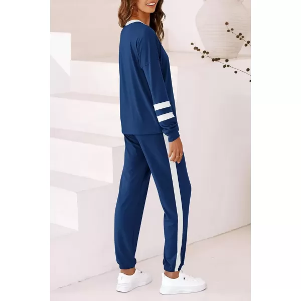 imagePRETTYGARDEN Womens Fall 2 Piece Lounge Outfit Long Sleeve Crewneck Pullover Tops High Waisted Pants Set TracksuitStriped Dark Blue