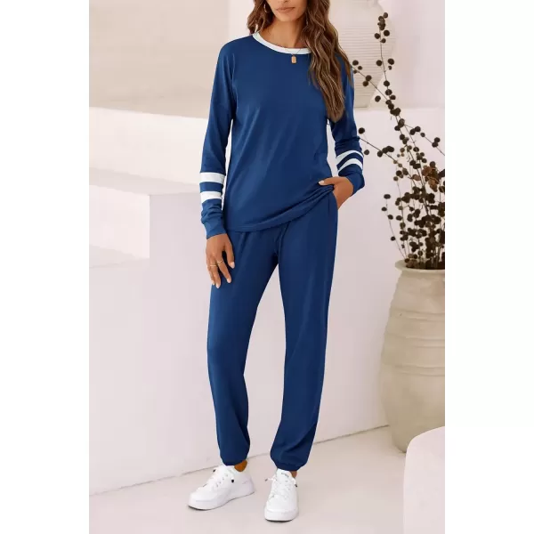 imagePRETTYGARDEN Womens Fall 2 Piece Lounge Outfit Long Sleeve Crewneck Pullover Tops High Waisted Pants Set TracksuitStriped Dark Blue
