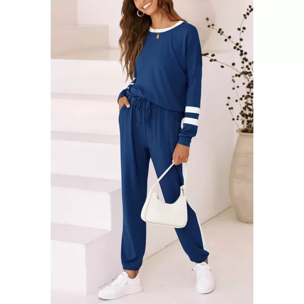 imagePRETTYGARDEN Womens Fall 2 Piece Lounge Outfit Long Sleeve Crewneck Pullover Tops High Waisted Pants Set TracksuitStriped Dark Blue