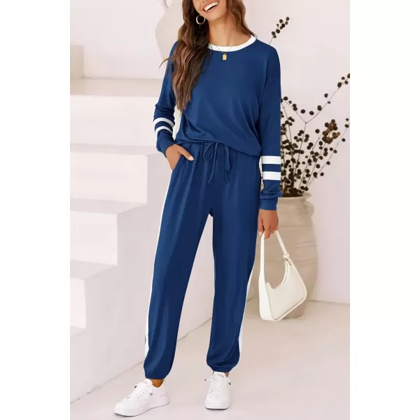 imagePRETTYGARDEN Womens Fall 2 Piece Lounge Outfit Long Sleeve Crewneck Pullover Tops High Waisted Pants Set TracksuitStriped Dark Blue