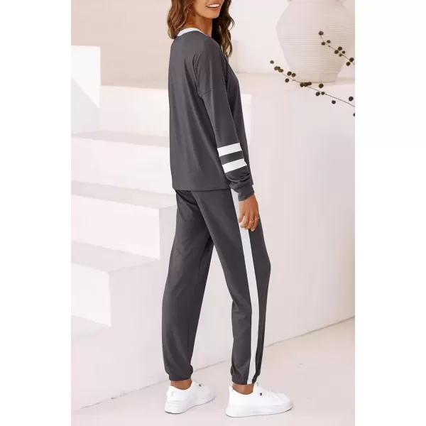 imagePRETTYGARDEN Womens Fall 2 Piece Lounge Outfit Long Sleeve Crewneck Pullover Tops High Waisted Pants Set TracksuitStriped Dark Grey