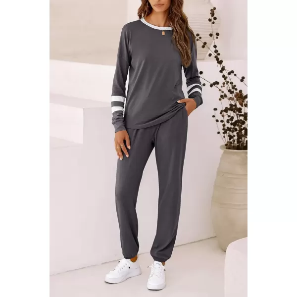 imagePRETTYGARDEN Womens Fall 2 Piece Lounge Outfit Long Sleeve Crewneck Pullover Tops High Waisted Pants Set TracksuitStriped Dark Grey