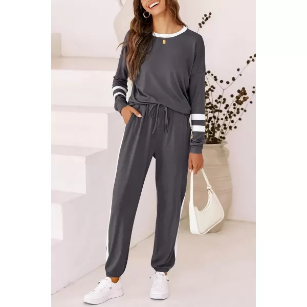 imagePRETTYGARDEN Womens Fall 2 Piece Lounge Outfit Long Sleeve Crewneck Pullover Tops High Waisted Pants Set TracksuitStriped Dark Grey