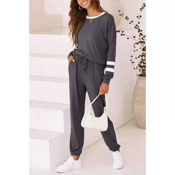 imagePRETTYGARDEN Womens Fall 2 Piece Lounge Outfit Long Sleeve Crewneck Pullover Tops High Waisted Pants Set TracksuitStriped Dark Grey
