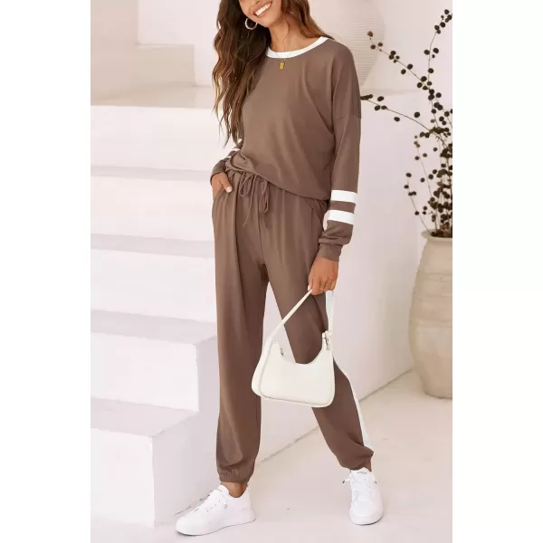 imagePRETTYGARDEN Womens Fall 2 Piece Lounge Outfit Long Sleeve Crewneck Pullover Tops High Waisted Pants Set TracksuitStriped Dark Khaki