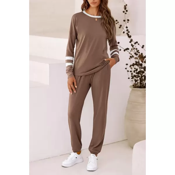 imagePRETTYGARDEN Womens Fall 2 Piece Lounge Outfit Long Sleeve Crewneck Pullover Tops High Waisted Pants Set TracksuitStriped Dark Khaki