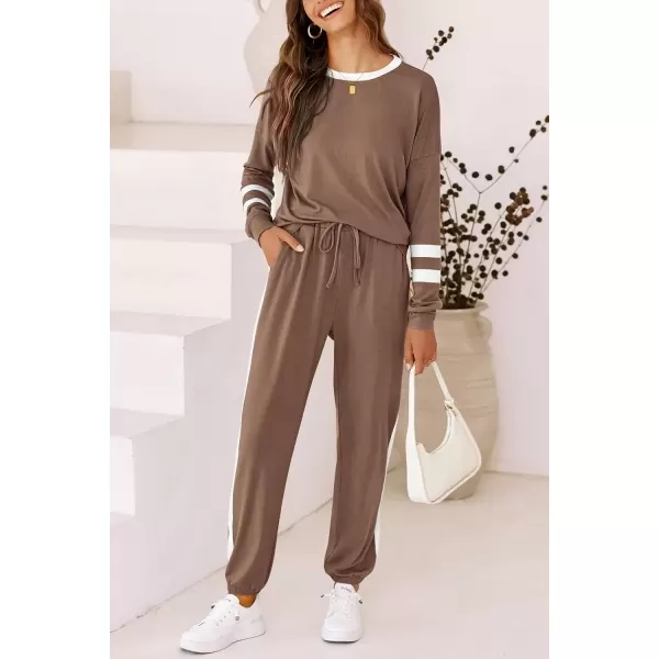 imagePRETTYGARDEN Womens Fall 2 Piece Lounge Outfit Long Sleeve Crewneck Pullover Tops High Waisted Pants Set TracksuitStriped Dark Khaki