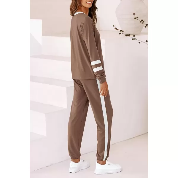 imagePRETTYGARDEN Womens Fall 2 Piece Lounge Outfit Long Sleeve Crewneck Pullover Tops High Waisted Pants Set TracksuitStriped Dark Khaki