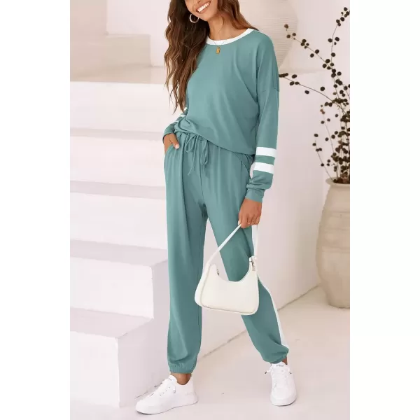imagePRETTYGARDEN Womens Fall 2 Piece Lounge Outfit Long Sleeve Crewneck Pullover Tops High Waisted Pants Set TracksuitStriped Fruit Green