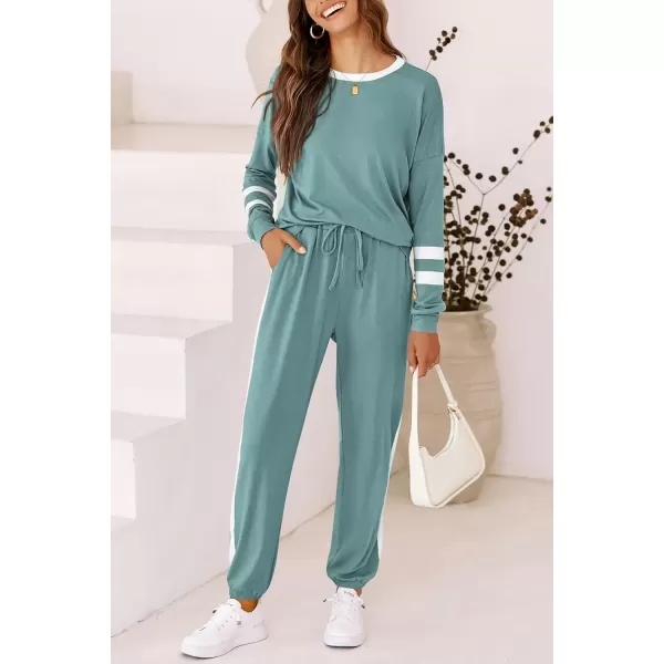 imagePRETTYGARDEN Womens Fall 2 Piece Lounge Outfit Long Sleeve Crewneck Pullover Tops High Waisted Pants Set TracksuitStriped Fruit Green