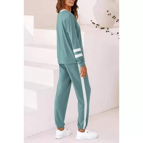 imagePRETTYGARDEN Womens Fall 2 Piece Lounge Outfit Long Sleeve Crewneck Pullover Tops High Waisted Pants Set TracksuitStriped Fruit Green