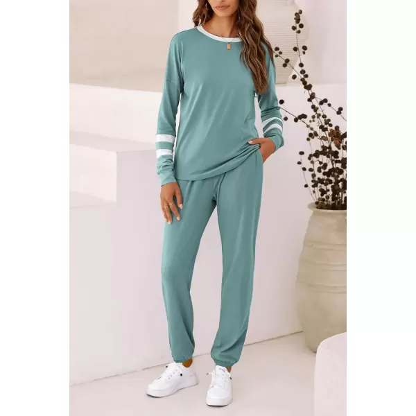 imagePRETTYGARDEN Womens Fall 2 Piece Lounge Outfit Long Sleeve Crewneck Pullover Tops High Waisted Pants Set TracksuitStriped Fruit Green