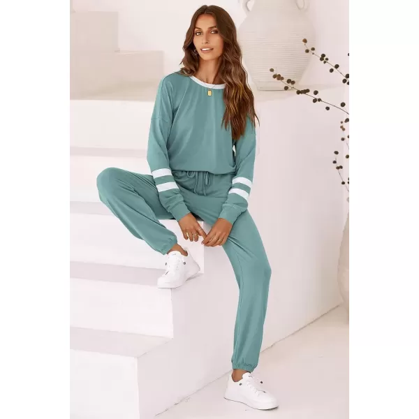 imagePRETTYGARDEN Womens Fall 2 Piece Lounge Outfit Long Sleeve Crewneck Pullover Tops High Waisted Pants Set TracksuitStriped Fruit Green