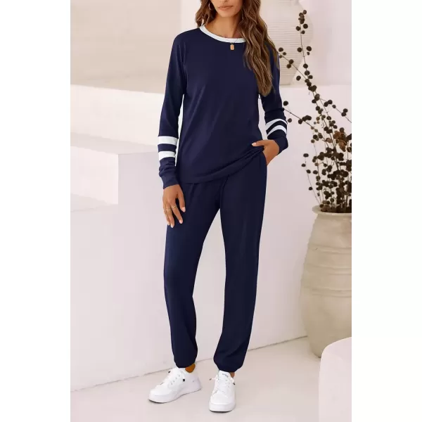 imagePRETTYGARDEN Womens Fall 2 Piece Lounge Outfit Long Sleeve Crewneck Pullover Tops High Waisted Pants Set TracksuitStriped Navy