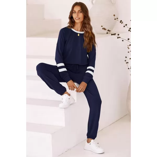 imagePRETTYGARDEN Womens Fall 2 Piece Lounge Outfit Long Sleeve Crewneck Pullover Tops High Waisted Pants Set TracksuitStriped Navy