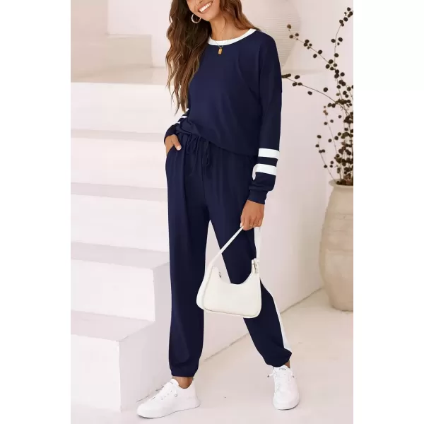 imagePRETTYGARDEN Womens Fall 2 Piece Lounge Outfit Long Sleeve Crewneck Pullover Tops High Waisted Pants Set TracksuitStriped Navy