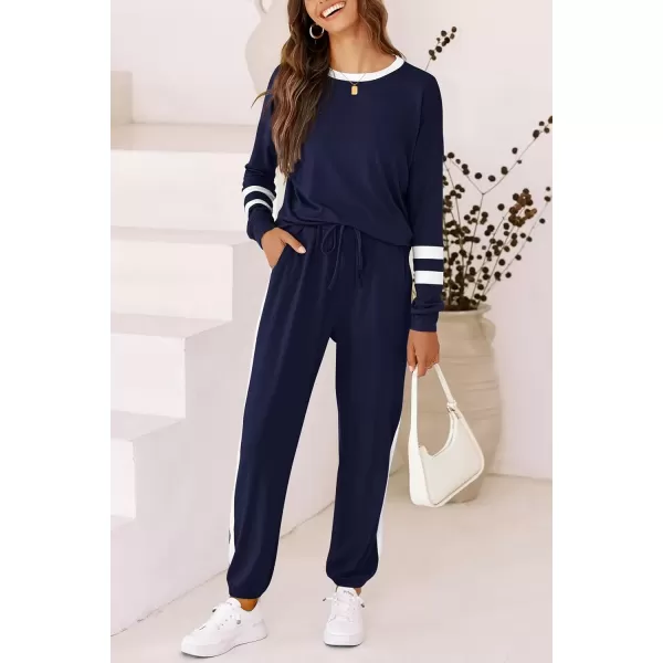 imagePRETTYGARDEN Womens Fall 2 Piece Lounge Outfit Long Sleeve Crewneck Pullover Tops High Waisted Pants Set TracksuitStriped Navy