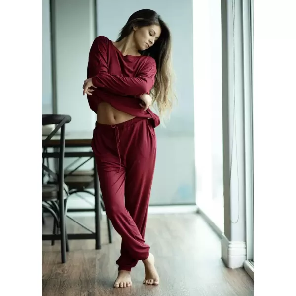 imagePRETTYGARDEN Womens Fall 2 Piece Lounge Outfit Long Sleeve Crewneck Pullover Tops High Waisted Pants Set TracksuitWine Red