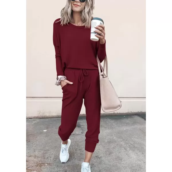 imagePRETTYGARDEN Womens Fall 2 Piece Lounge Outfit Long Sleeve Crewneck Pullover Tops High Waisted Pants Set TracksuitWine Red