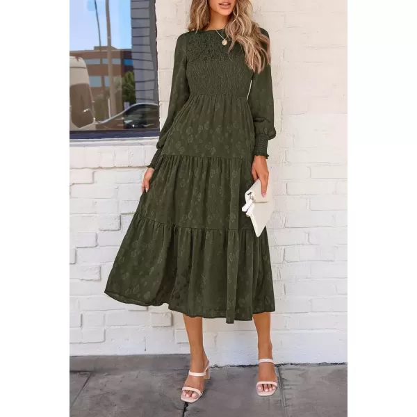 imagePRETTYGARDEN Womens Fall Midi Dress Long Sleeve Floral Smocked Elegant Wedding Guest Long Flowy DressesArmy Green