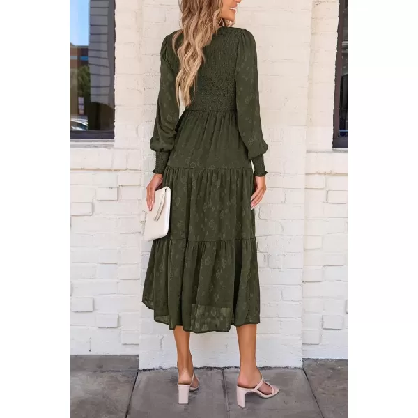 imagePRETTYGARDEN Womens Fall Midi Dress Long Sleeve Floral Smocked Elegant Wedding Guest Long Flowy DressesArmy Green