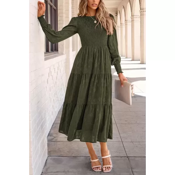 imagePRETTYGARDEN Womens Fall Midi Dress Long Sleeve Floral Smocked Elegant Wedding Guest Long Flowy DressesArmy Green