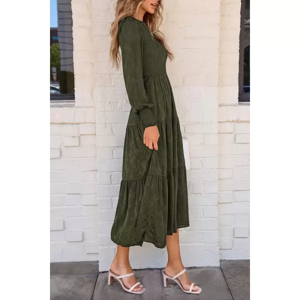 imagePRETTYGARDEN Womens Fall Midi Dress Long Sleeve Floral Smocked Elegant Wedding Guest Long Flowy DressesArmy Green