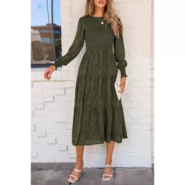 imagePRETTYGARDEN Womens Fall Midi Dress Long Sleeve Floral Smocked Elegant Wedding Guest Long Flowy DressesArmy Green
