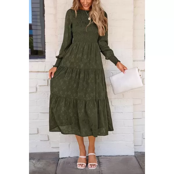 imagePRETTYGARDEN Womens Fall Midi Dress Long Sleeve Floral Smocked Elegant Wedding Guest Long Flowy DressesArmy Green