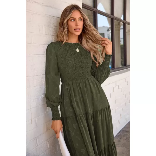 imagePRETTYGARDEN Womens Fall Midi Dress Long Sleeve Floral Smocked Elegant Wedding Guest Long Flowy DressesArmy Green