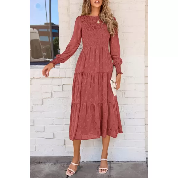 imagePRETTYGARDEN Womens Fall Midi Dress Long Sleeve Floral Smocked Elegant Wedding Guest Long Flowy DressesBean Paste Red