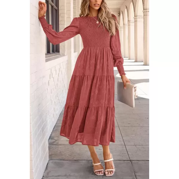 imagePRETTYGARDEN Womens Fall Midi Dress Long Sleeve Floral Smocked Elegant Wedding Guest Long Flowy DressesBean Paste Red