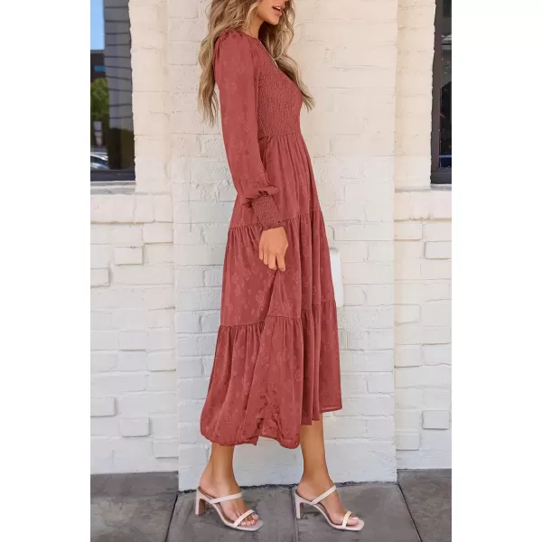 imagePRETTYGARDEN Womens Fall Midi Dress Long Sleeve Floral Smocked Elegant Wedding Guest Long Flowy DressesBean Paste Red