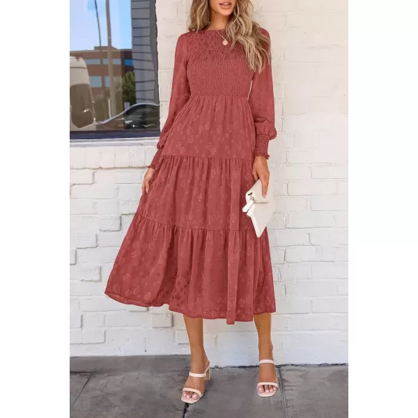 imagePRETTYGARDEN Womens Fall Midi Dress Long Sleeve Floral Smocked Elegant Wedding Guest Long Flowy DressesBean Paste Red