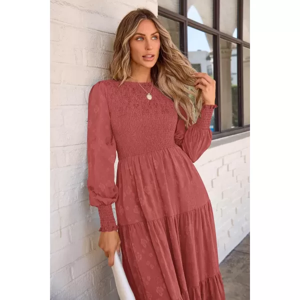 imagePRETTYGARDEN Womens Fall Midi Dress Long Sleeve Floral Smocked Elegant Wedding Guest Long Flowy DressesBean Paste Red