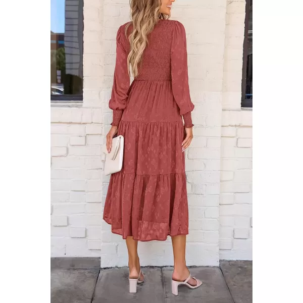 imagePRETTYGARDEN Womens Fall Midi Dress Long Sleeve Floral Smocked Elegant Wedding Guest Long Flowy DressesBean Paste Red