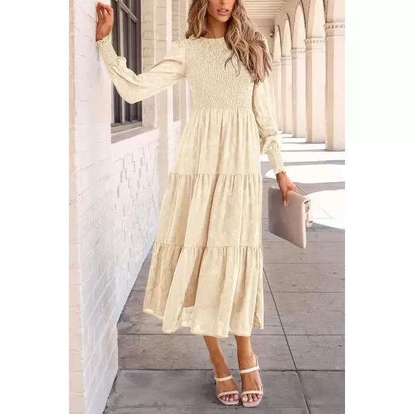 imagePRETTYGARDEN Womens Fall Midi Dress Long Sleeve Floral Smocked Elegant Wedding Guest Long Flowy DressesBeige