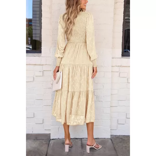 imagePRETTYGARDEN Womens Fall Midi Dress Long Sleeve Floral Smocked Elegant Wedding Guest Long Flowy DressesBeige