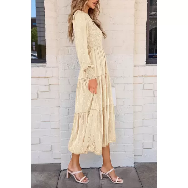 imagePRETTYGARDEN Womens Fall Midi Dress Long Sleeve Floral Smocked Elegant Wedding Guest Long Flowy DressesBeige