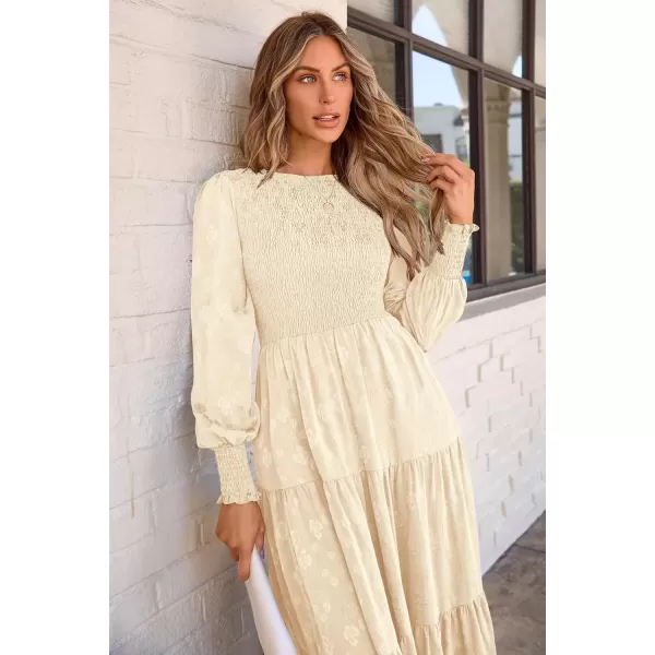 imagePRETTYGARDEN Womens Fall Midi Dress Long Sleeve Floral Smocked Elegant Wedding Guest Long Flowy DressesBeige