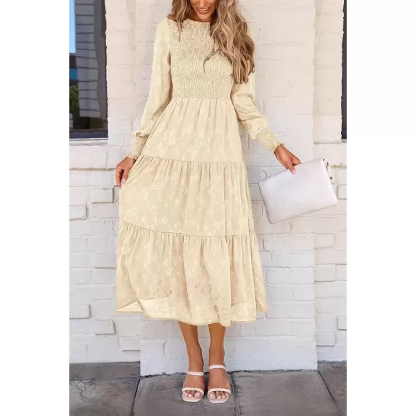 imagePRETTYGARDEN Womens Fall Midi Dress Long Sleeve Floral Smocked Elegant Wedding Guest Long Flowy DressesBeige