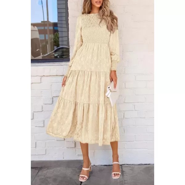 imagePRETTYGARDEN Womens Fall Midi Dress Long Sleeve Floral Smocked Elegant Wedding Guest Long Flowy DressesBeige