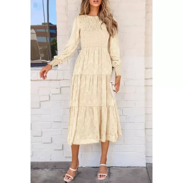 imagePRETTYGARDEN Womens Fall Midi Dress Long Sleeve Floral Smocked Elegant Wedding Guest Long Flowy DressesBeige