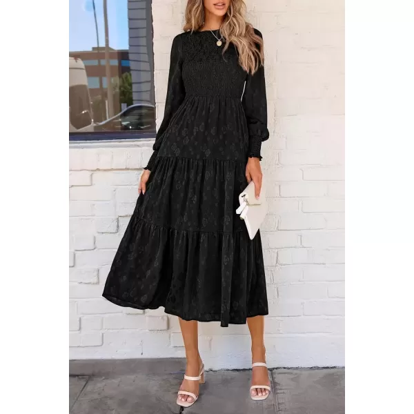 imagePRETTYGARDEN Womens Fall Midi Dress Long Sleeve Floral Smocked Elegant Wedding Guest Long Flowy DressesBlack