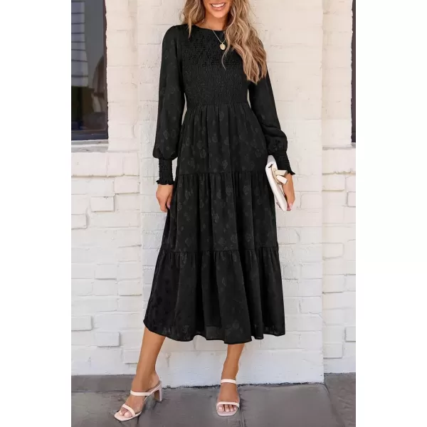 imagePRETTYGARDEN Womens Fall Midi Dress Long Sleeve Floral Smocked Elegant Wedding Guest Long Flowy DressesBlack