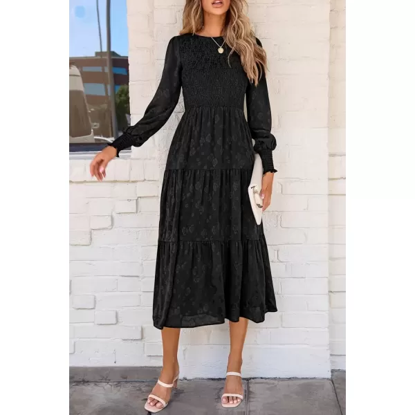 imagePRETTYGARDEN Womens Fall Midi Dress Long Sleeve Floral Smocked Elegant Wedding Guest Long Flowy DressesBlack