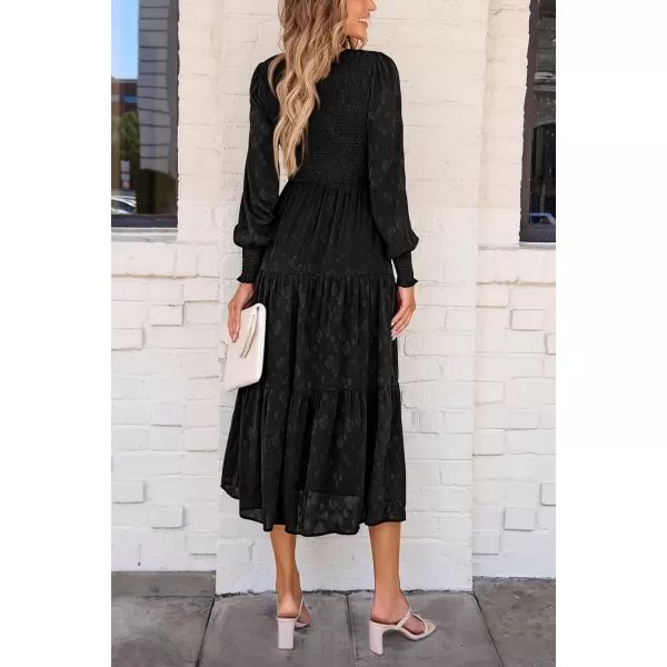 imagePRETTYGARDEN Womens Fall Midi Dress Long Sleeve Floral Smocked Elegant Wedding Guest Long Flowy DressesBlack